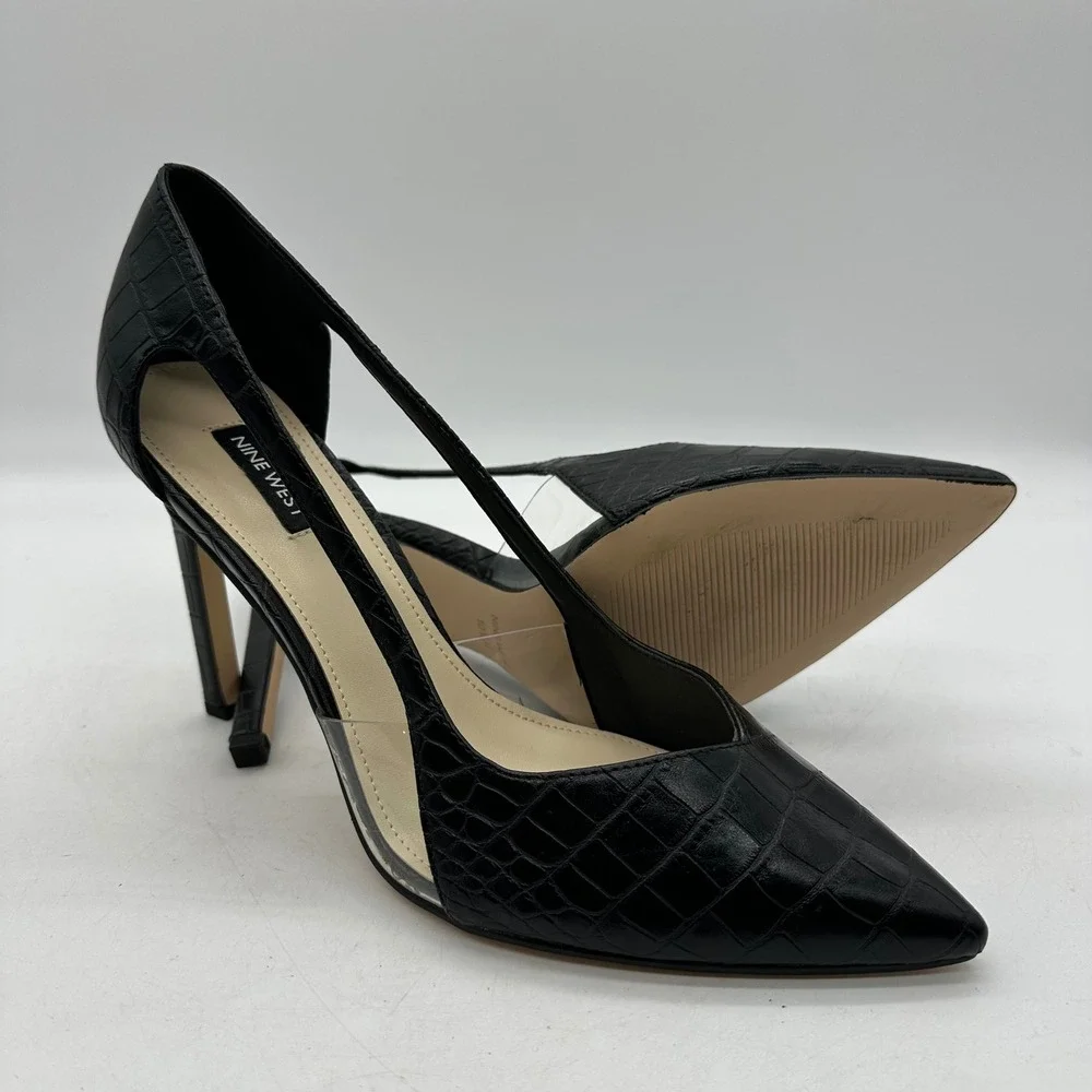 Nine West Womens 10.5 Trivs3 Black‎ Croc Pointed Toe Clear Panel Stiletto Pumps